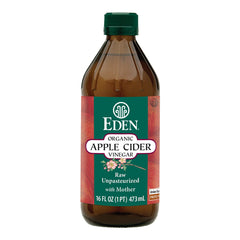 Eden Organic Apple Cider Vinegar front label showing brand and size, quality preserved