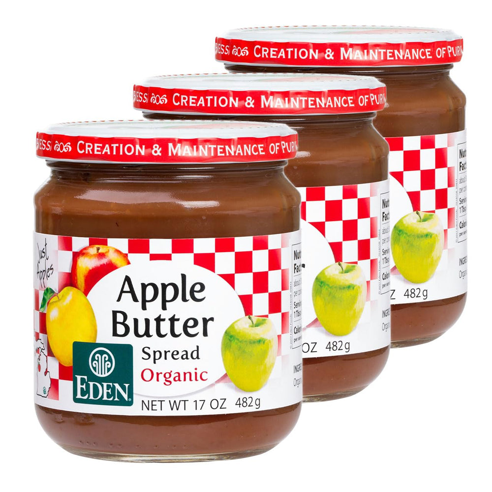 Eden Foods jar front view showing organic apple butter and clear labeling benefit