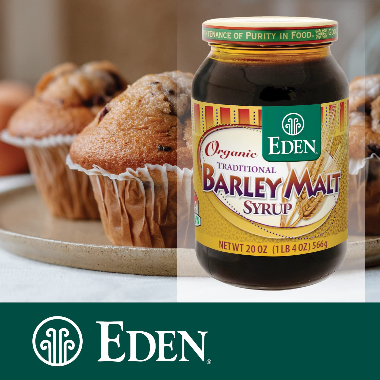 Three-pack of Eden barley malt syrup jars displayed to emphasize pantry-ready supply benefit