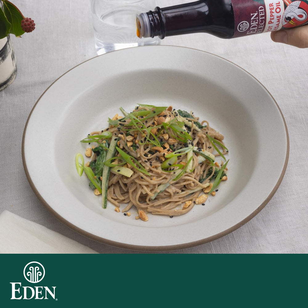 Eden chilled soba noodle salad plated with vegetables, brand freshness and versatility