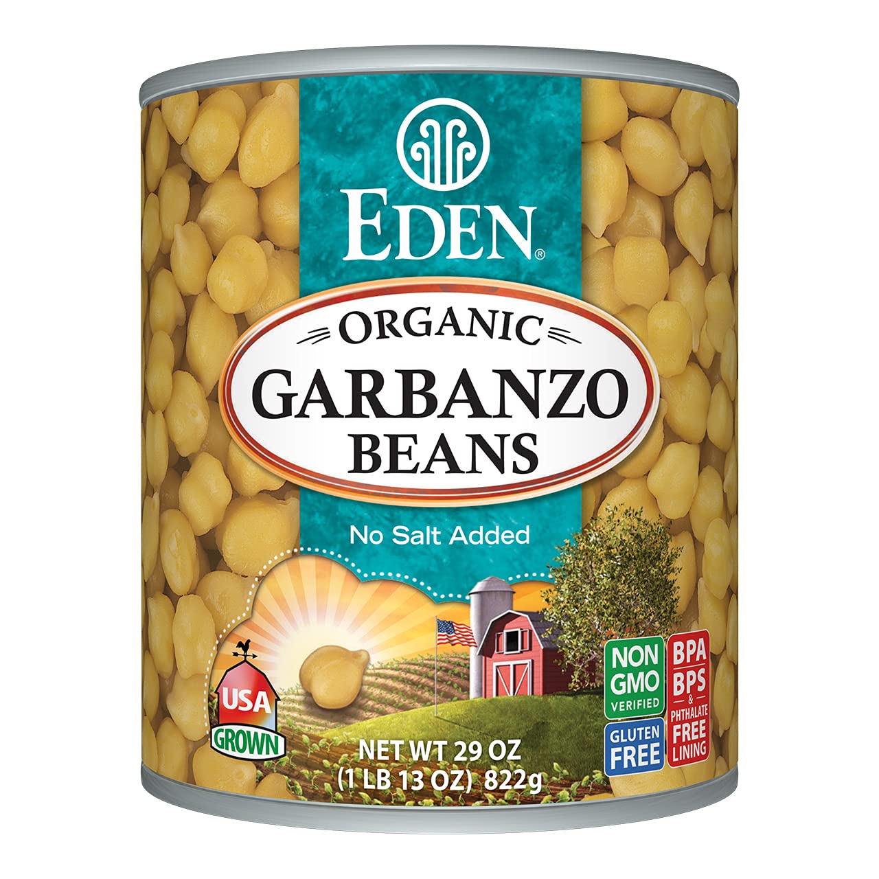 Eden brand front can showing label and organic claims for easy identification and trust