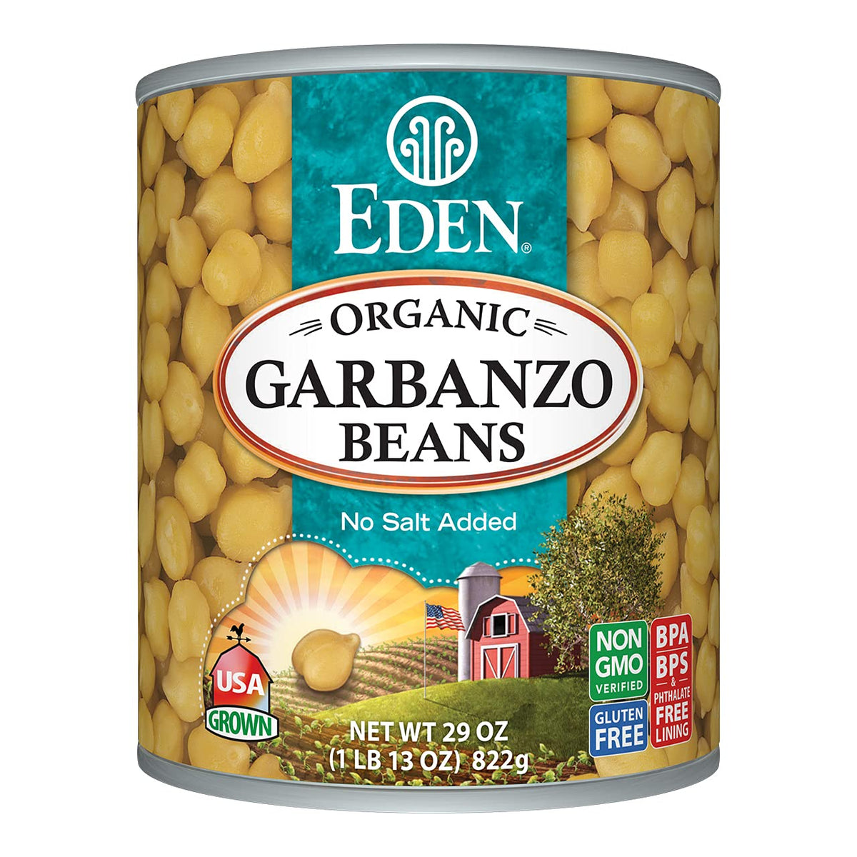 Eden brand front can showing label and organic claims for easy identification and trust