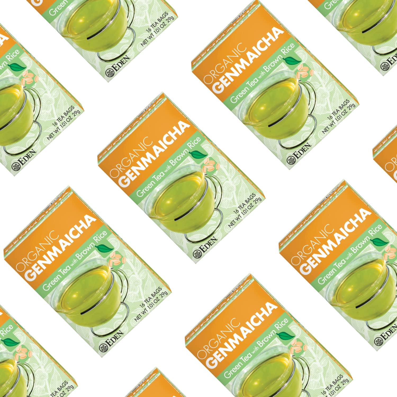 Eden Genmaicha unbleached tea bag material emphasizing cleaner steep