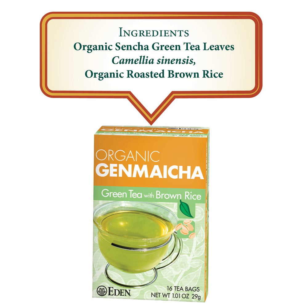 Eden Genmaicha tea bags close-up highlighting artisanal unbleached bags