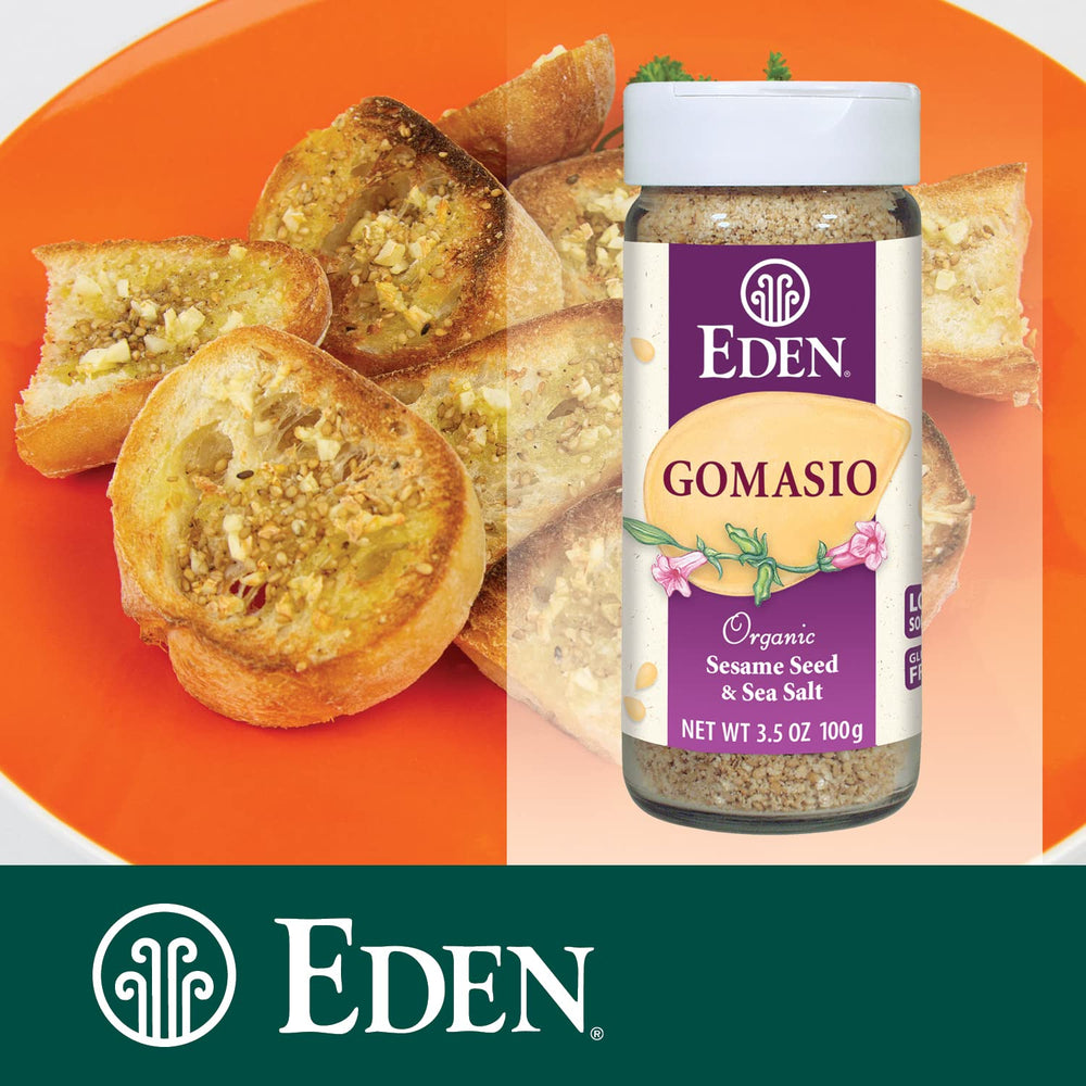 Eden Foods gomasio label and ingredients emphasizing organic sourcing