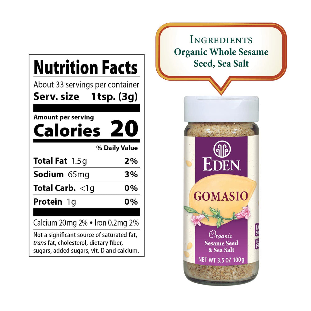 Eden Foods gomasio open jar with sesame seeds highlighting usable texture