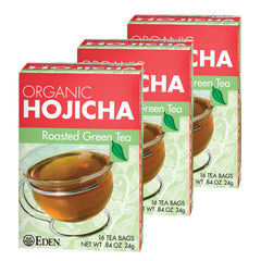 Eden Hojicha front packaging showing organic label and benefit of low caffeine