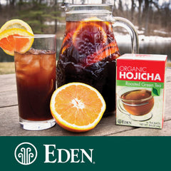 Eden Hojicha poured cup with warm color showing comforting, low-caffeine benefit