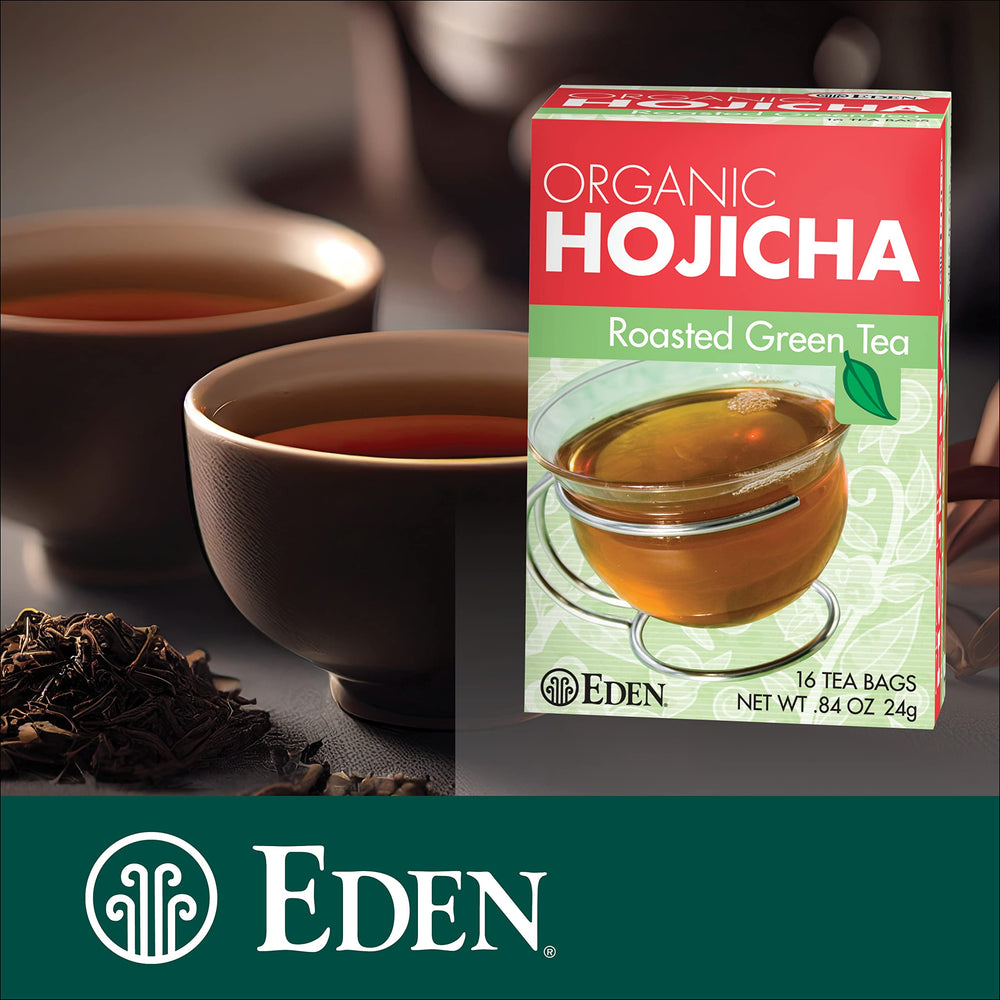 Eden Hojicha tea bag steeping in cup illustrating quick brew convenience benefit