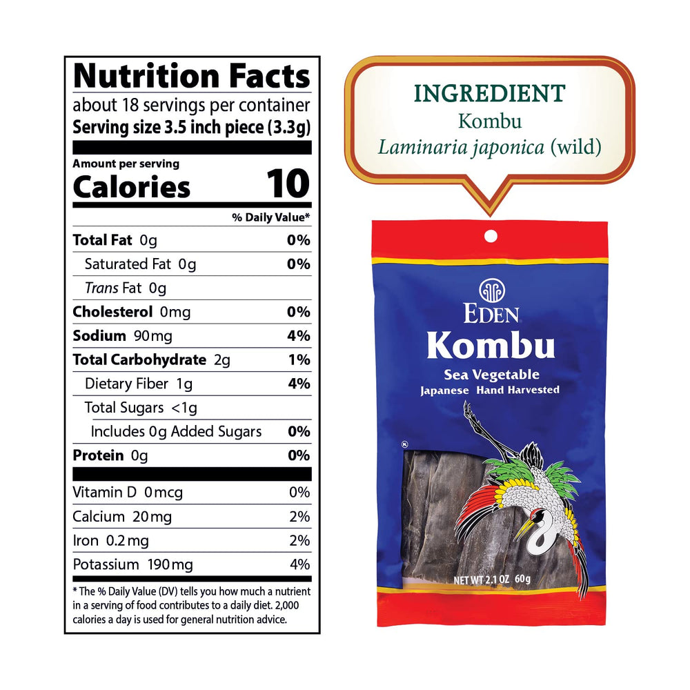 Eden kombu next to a hand for scale showing product size and portion guidance