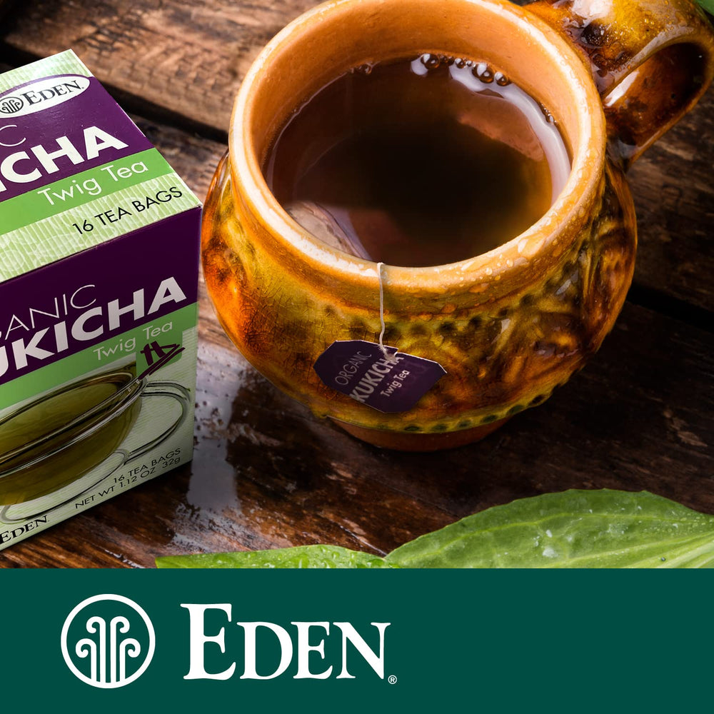 Eden Kukicha tea being poured into a cup showing smooth mild flavor