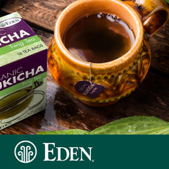 Eden Kukicha tea being poured into a cup showing smooth mild flavor