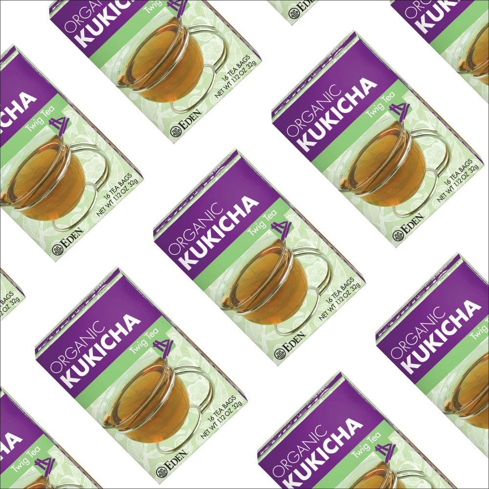 Eden Kukicha box next to a ruler showing size and tea bag quantity