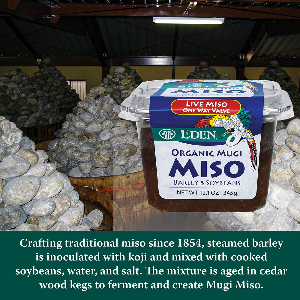Eden Organic miso ingredient label close-up highlighting organic non-GMO sourcing