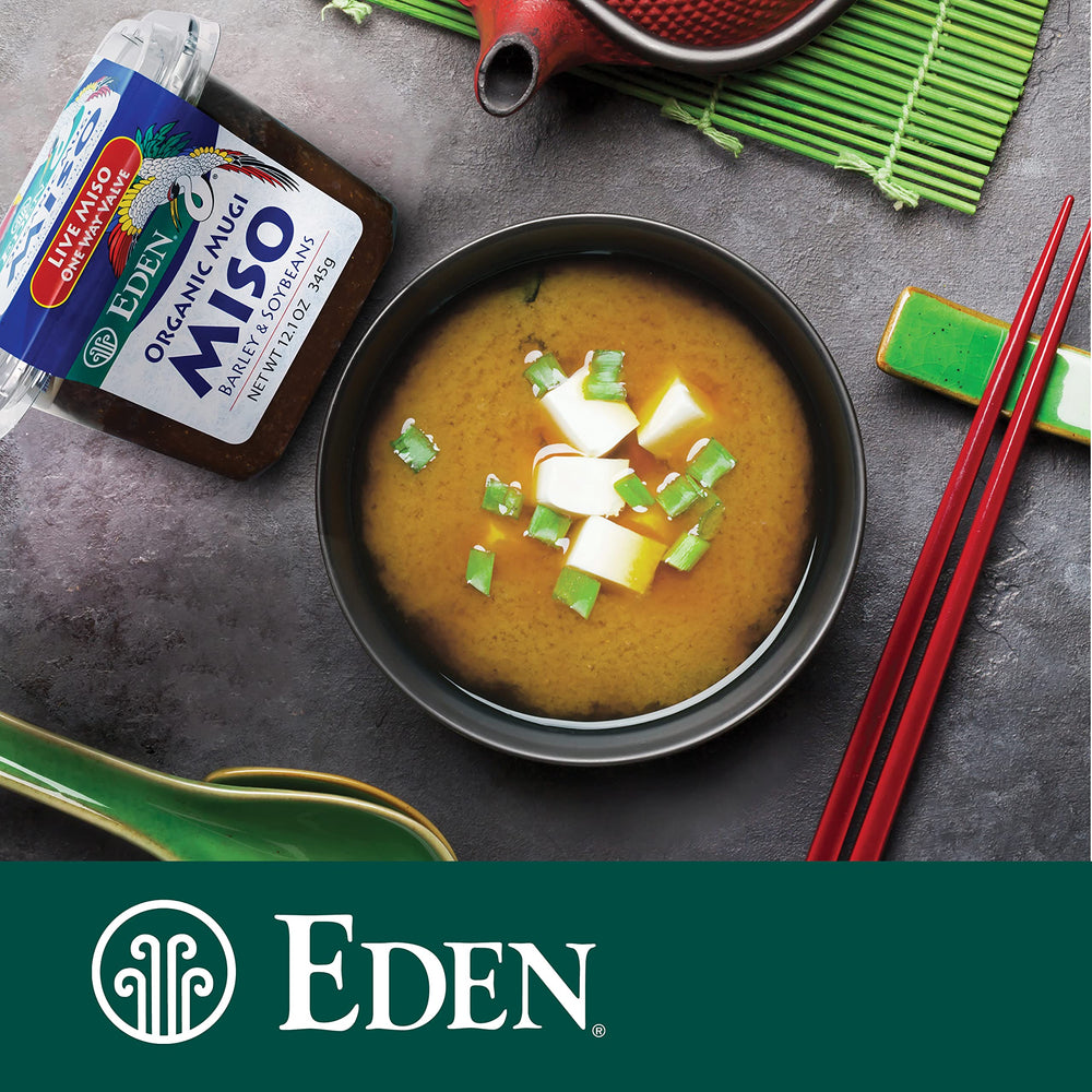 Eden Organic miso dissolved in soup bowl enhancing savory flavor and warmth