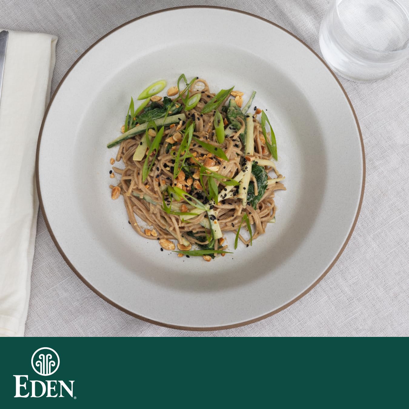 Eden noodle texture close-up of strands, brand quality and firm mouthfeel showcased