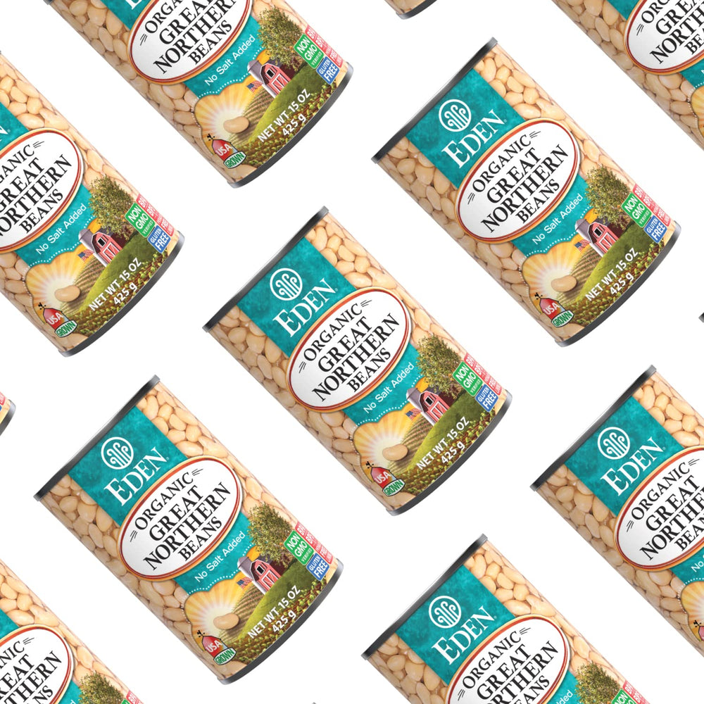 stacked 12-can case of Eden Organic for pantry storage and bulk convenience benefit