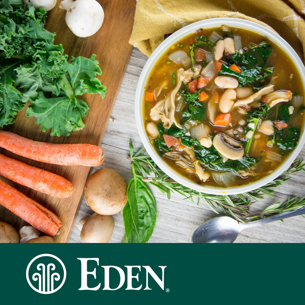 Eden Organic beans plated in a bowl of soup demonstrating versatile meal use