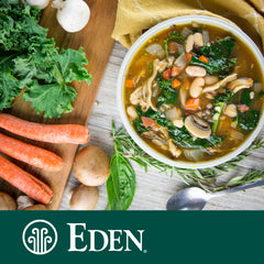 Eden Organic beans plated in a bowl of soup demonstrating versatile meal use