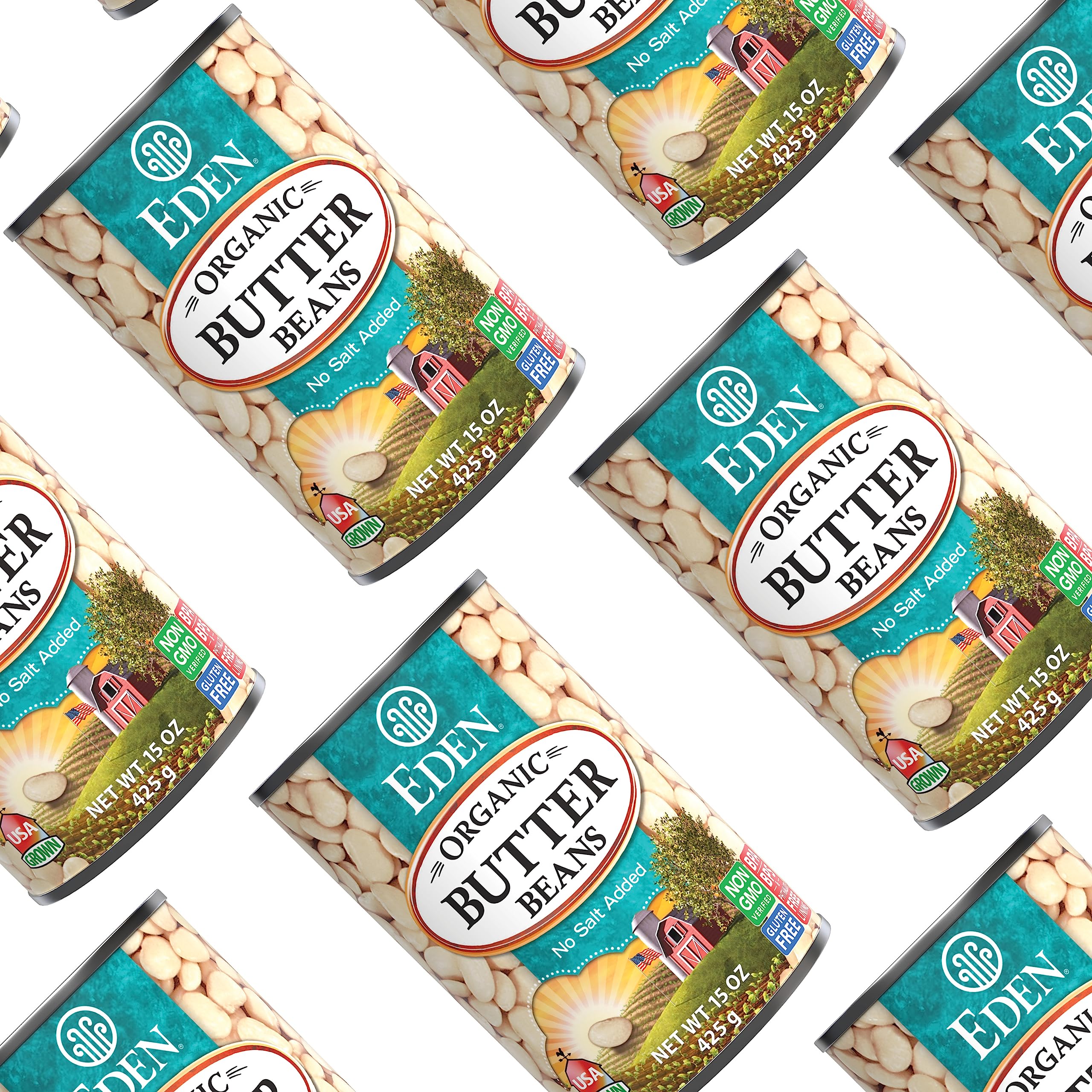 Eden Organic cans stacked on pantry shelf for long-term storage benefit