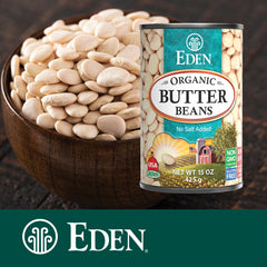 Eden Organic spoon serving butter beans highlighting ready-to-eat convenience