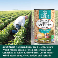 opened Eden Organic can showing great northern beans and convenient heat-and-serve benefit