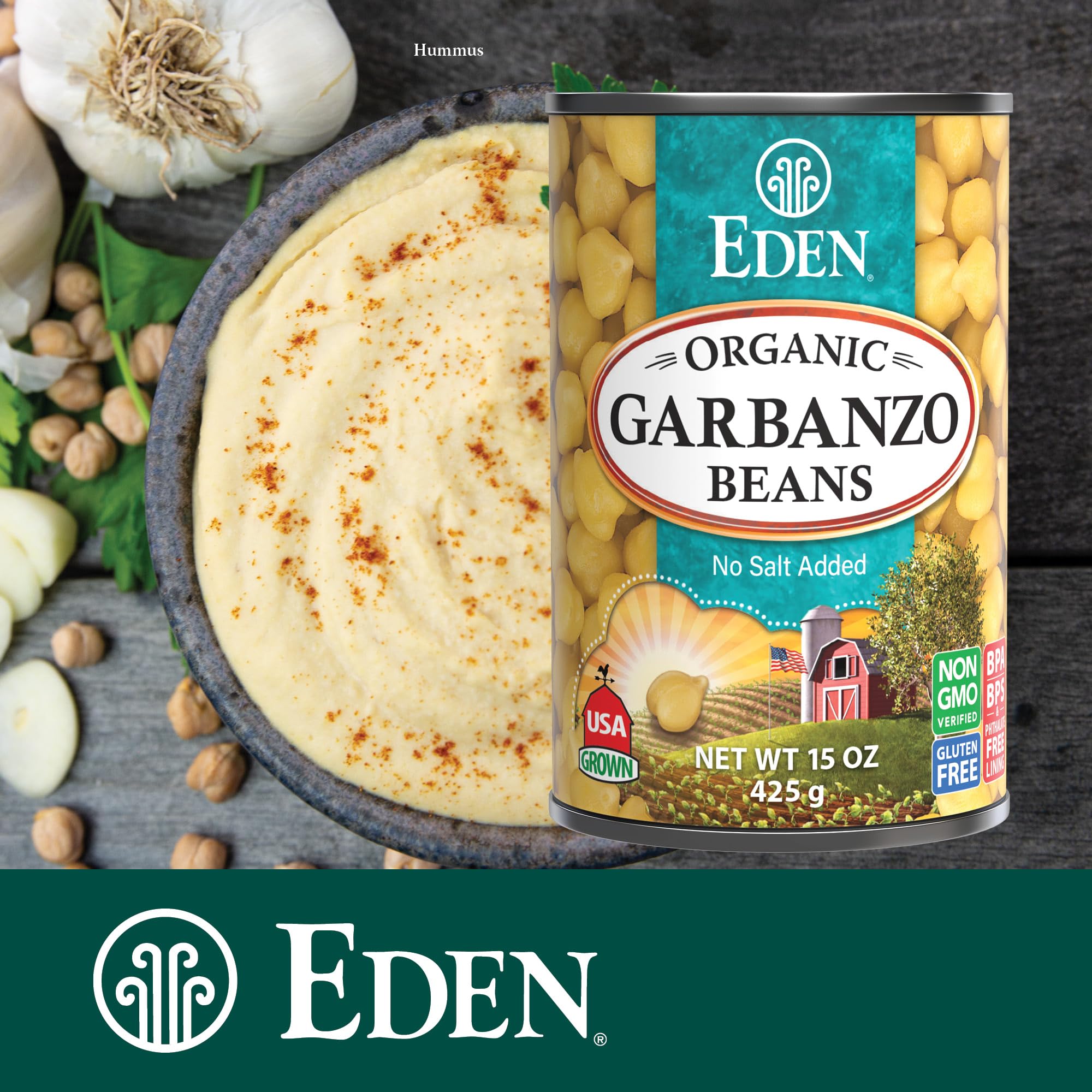 Eden Organic chickpeas blended into hummus showing creamy texture