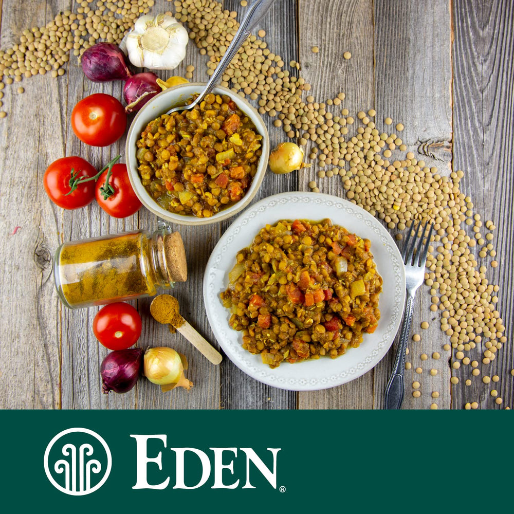 Eden Organic lentils being poured into a bowl demonstrating quick prep and serving