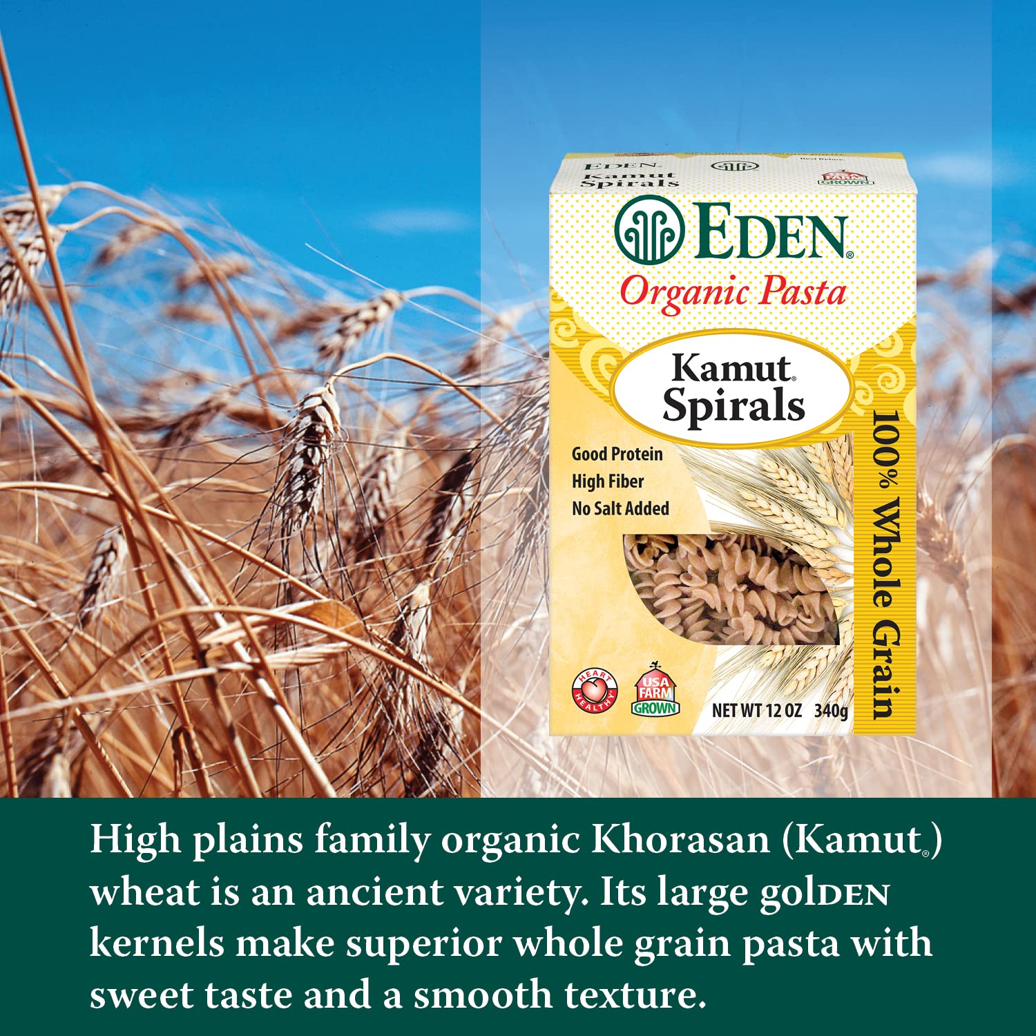 Eden Organic cooked kamut fusilli in bowl with vegetables, ready to eat