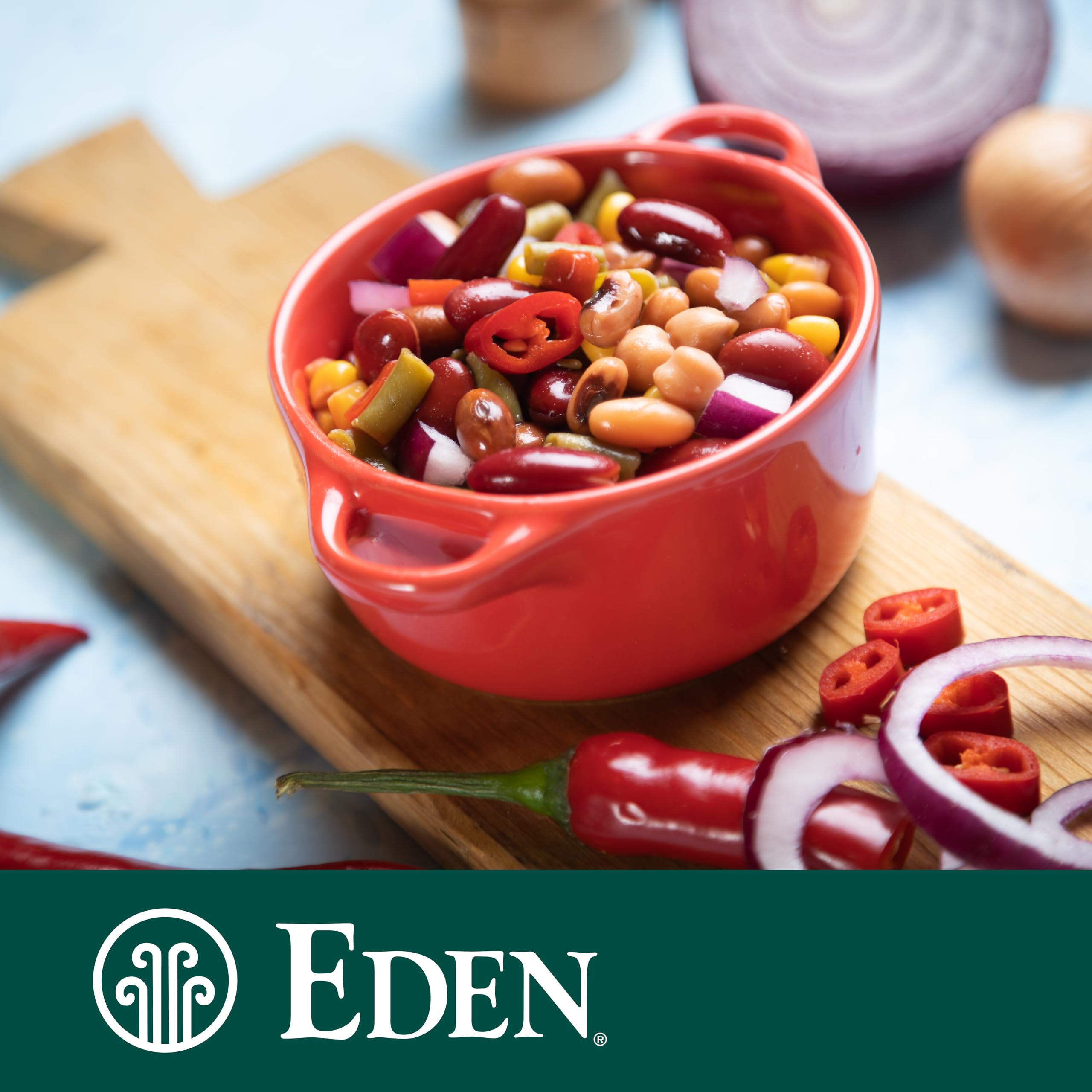 Eden Organic stacked cans comparing size and pantry-ready convenience