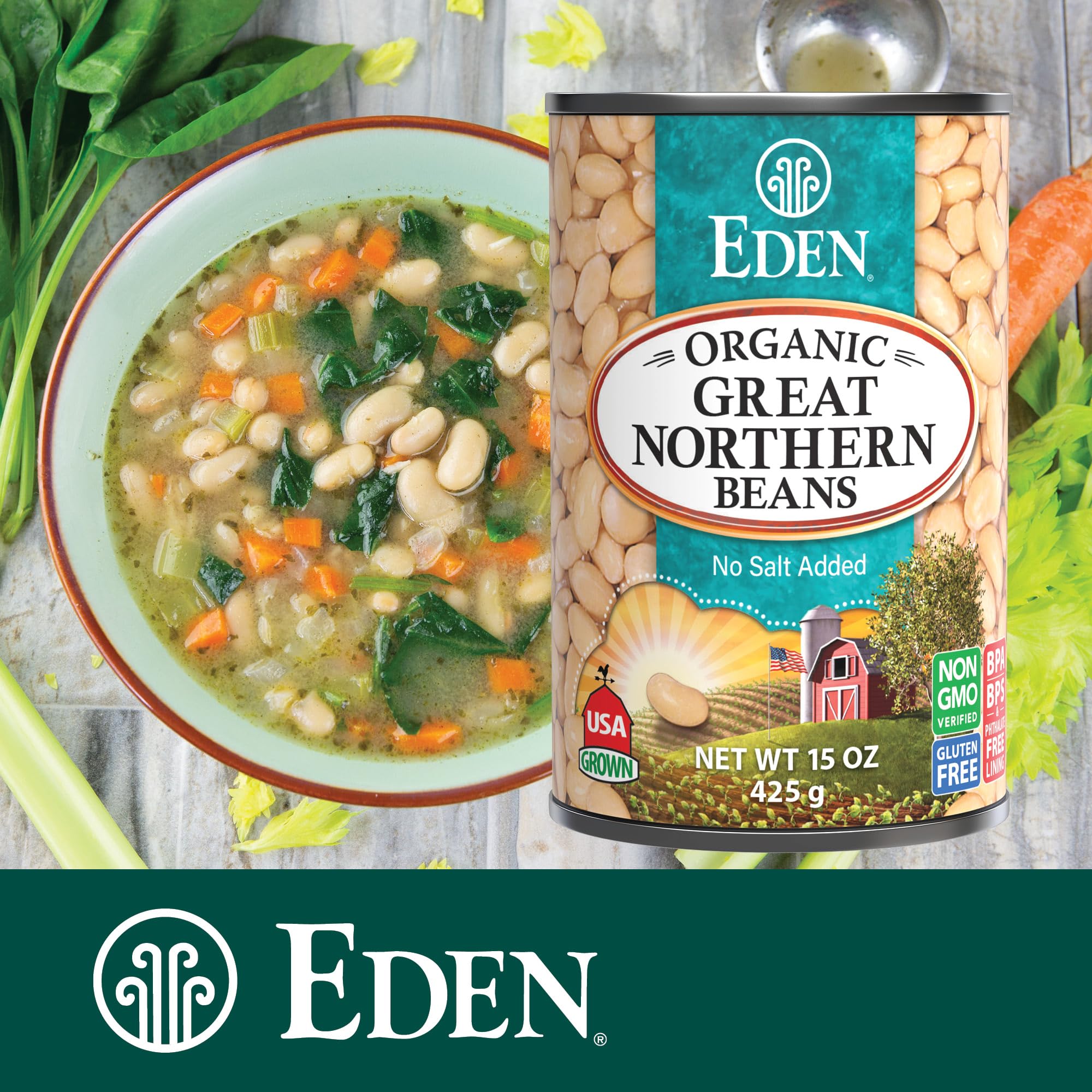 Eden Organic can label close-up showing organic, non-GMO, and tracking information