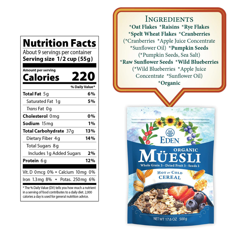 CREATION AND MAINTENANCE OF PURITY IN FOOD close-up of flakes, raisins, blueberries showing natural ingredients