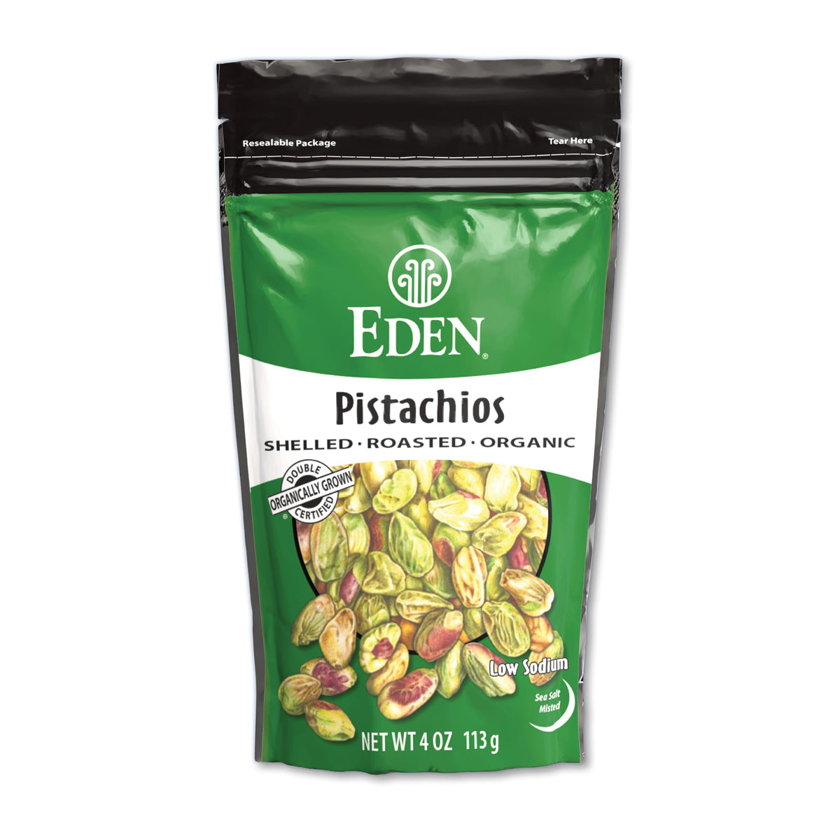 EDEN pistachios front pouch showing organic label and benefit of convenience