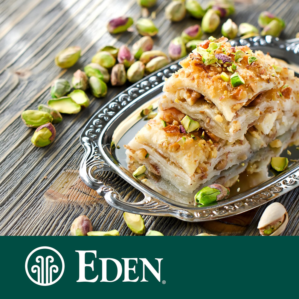 EDEN pistachios in pesto dish replacing pine nuts for rich flavor