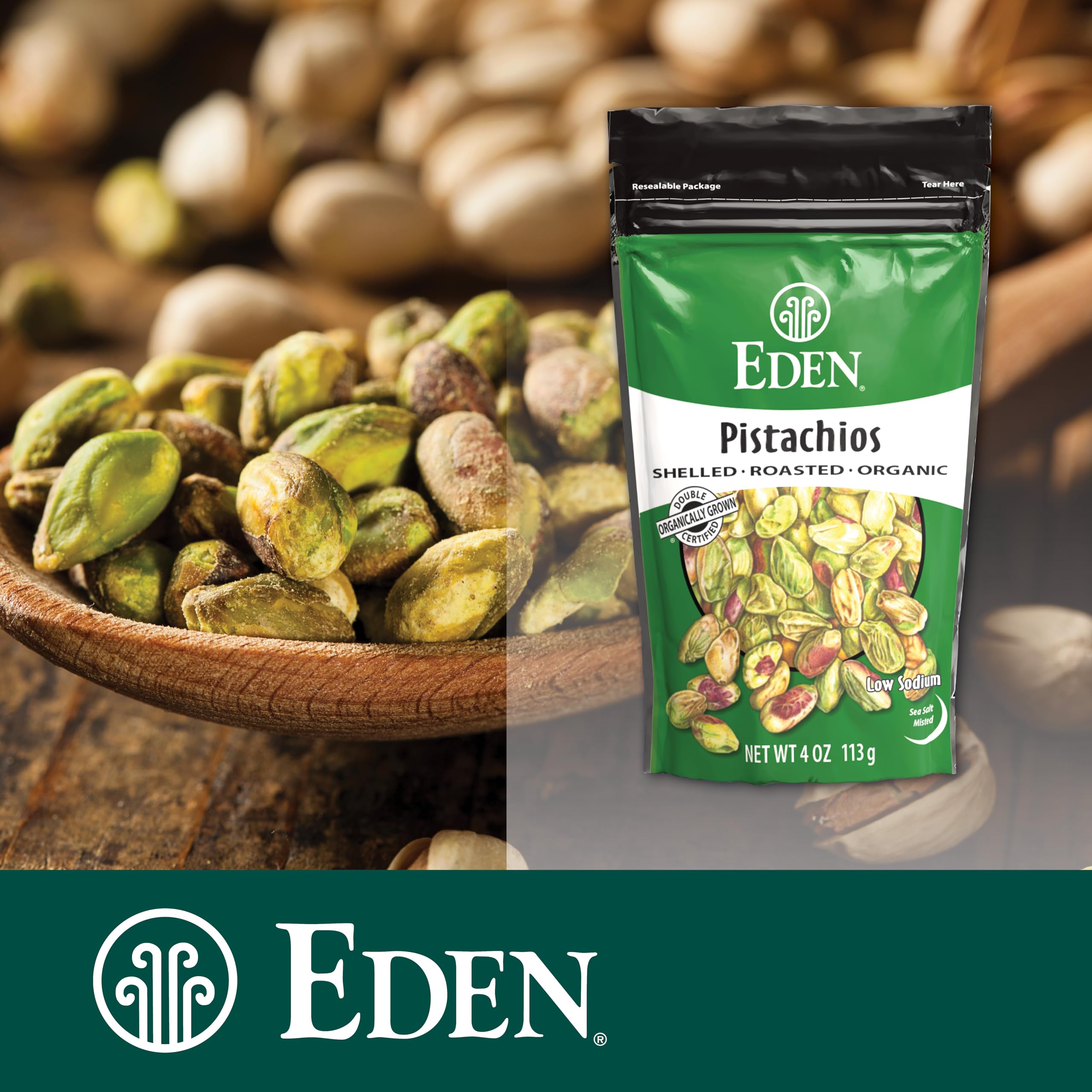 EDEN pistachios nutrition and ingredient label emphasizing organic sourcing