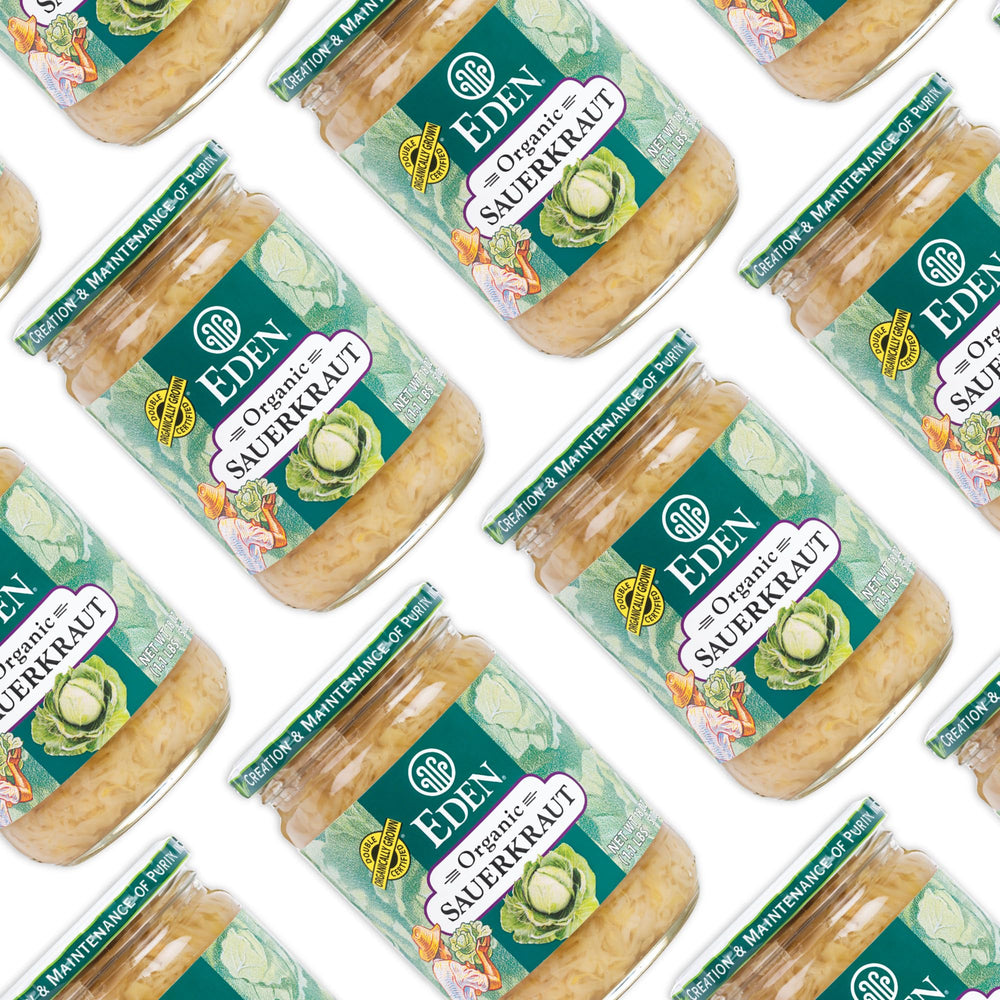 close-up of Eden Organic Sauerkraut shredded cabbage texture highlighting crispness and flavor