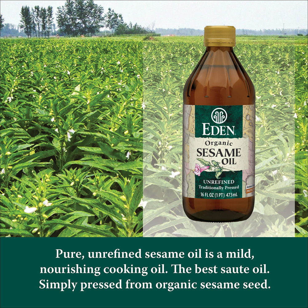 Eden Organic oil pouring stream illustrating smooth texture and rich sesame aroma