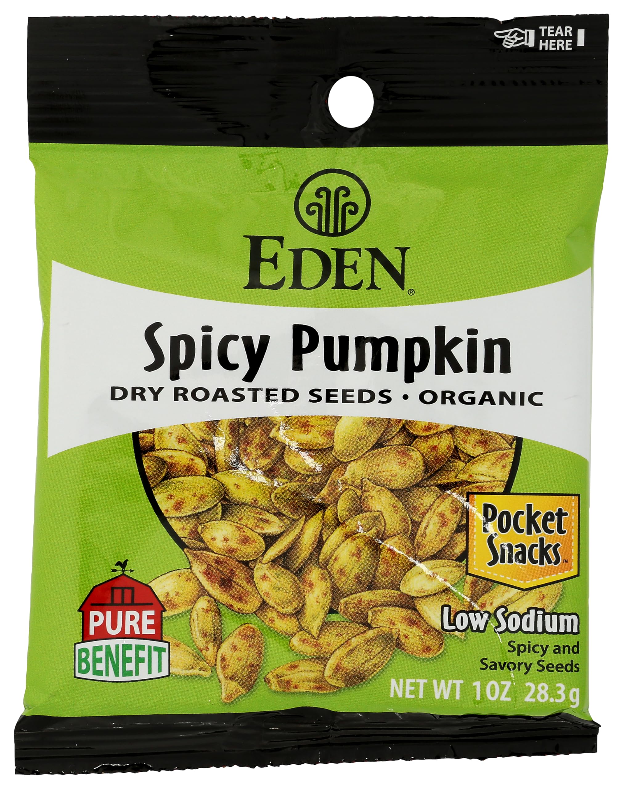 Eden Organic front packaging showing spicy pumpkin seeds and convenient single-serve benefit