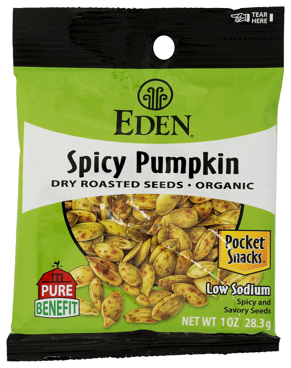 Eden Organic front packaging showing spicy pumpkin seeds and convenient single-serve benefit