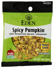 Eden Organic front packaging showing spicy pumpkin seeds and convenient single-serve benefit