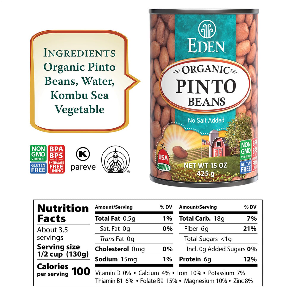 Eden Organic open can with cooked pinto beans ready to heat and serve