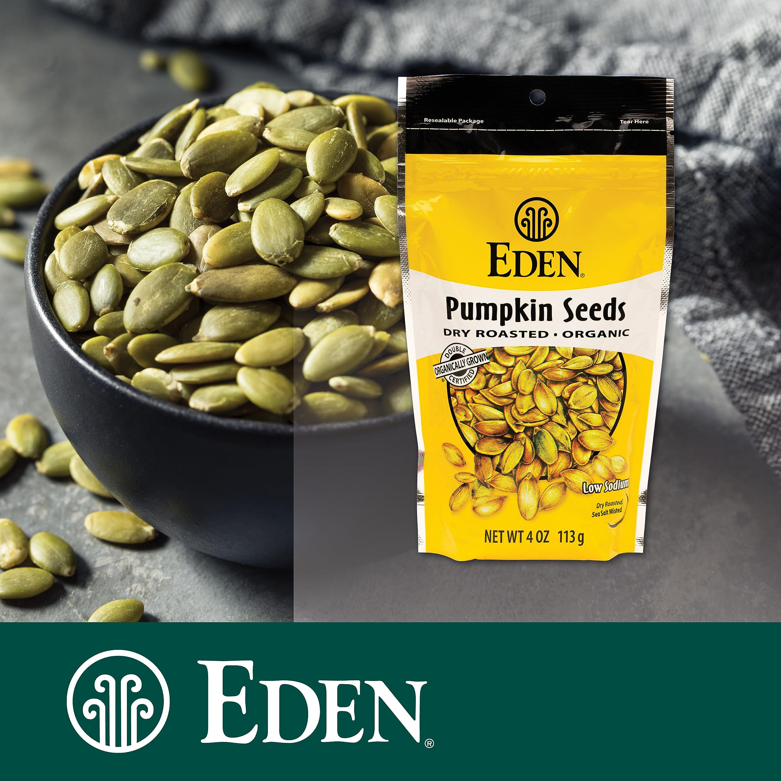 small bowl of Eden pumpkin seeds served as a healthy, protein-rich snack