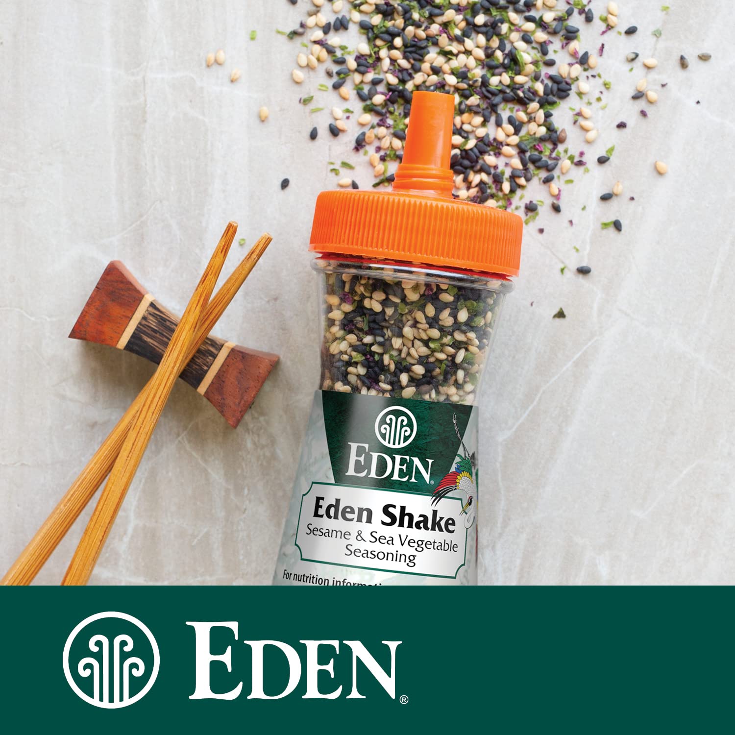 Eden Shake being sprinkled on rice bowl, Eden adds instant depth