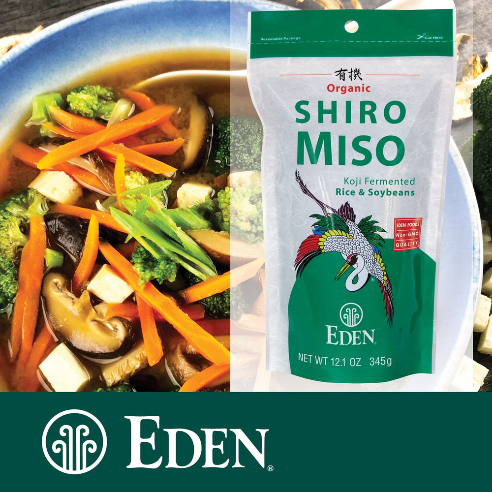Non-GMO soybeans and rice ingredients with Eden Shiro miso jar illustrating traditional origins