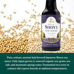 Eden Organic Shoyu pouring into spoon showing rich color and balanced taste