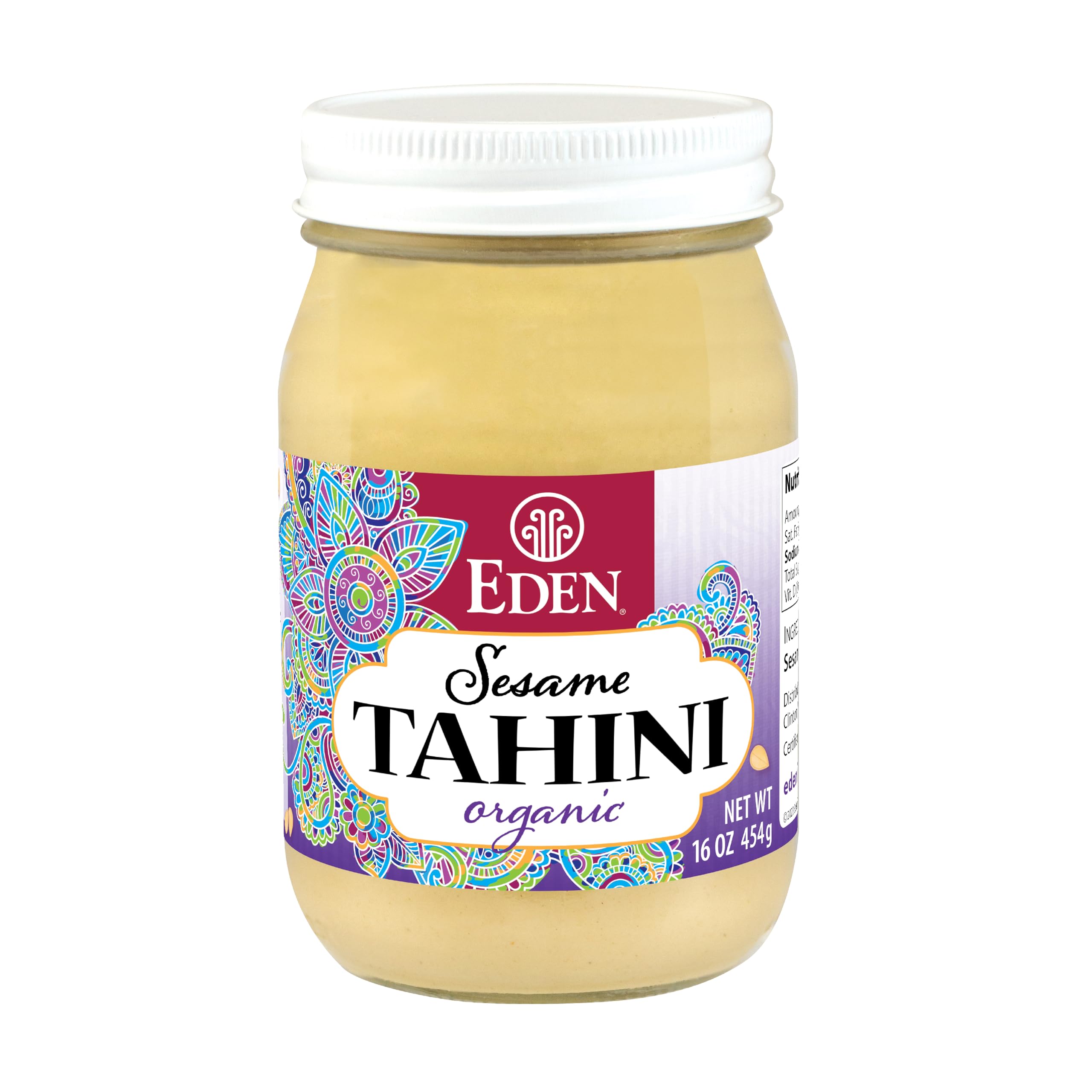 CREATION AND MAINTENANCE OF PURITY IN FOOD Eden tahini jar front view, clear labeling benefit