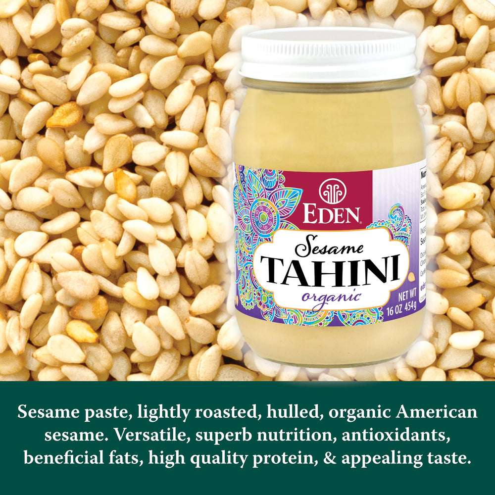 CREATION AND MAINTENANCE OF PURITY IN FOOD Eden tahini thick pour texture closeup, shows creamy consistency benefit