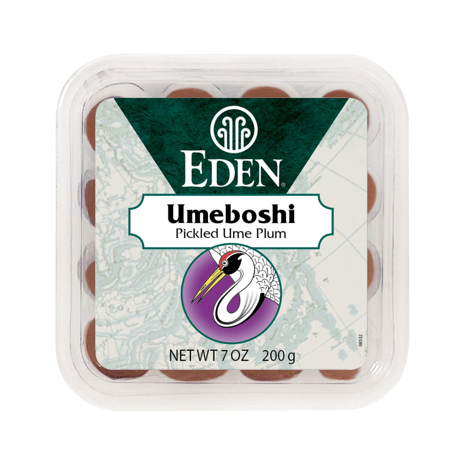 Eden Foods jar front view showing whole umeboshi plums and label benefit: clear origin