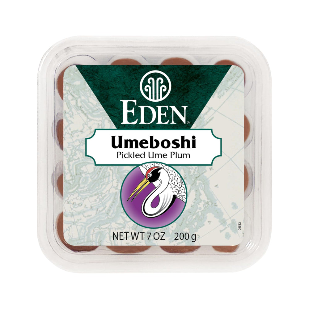 Eden Foods jar front view showing whole umeboshi plums and label benefit: clear origin