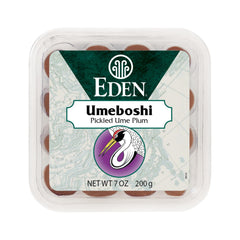 Eden Foods jar front view showing whole umeboshi plums and label benefit: clear origin